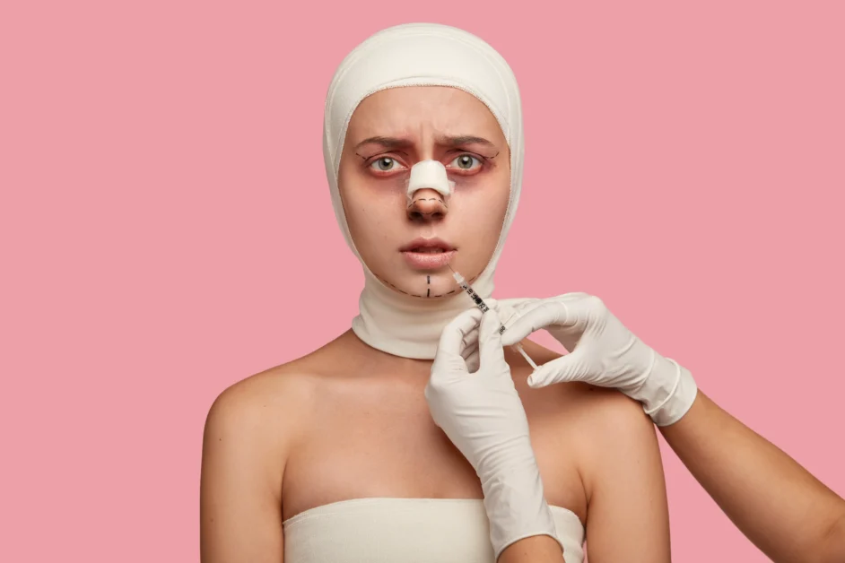 a woman with bandaged face and nose with a syringe in her hand